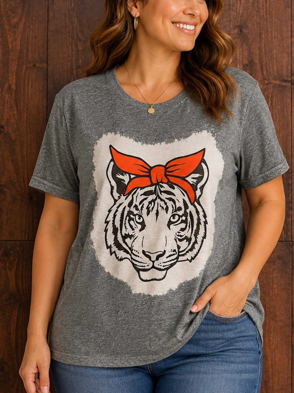 Hand Crafted Gray Tee with White Tiger Face and Orange Bow LARGE